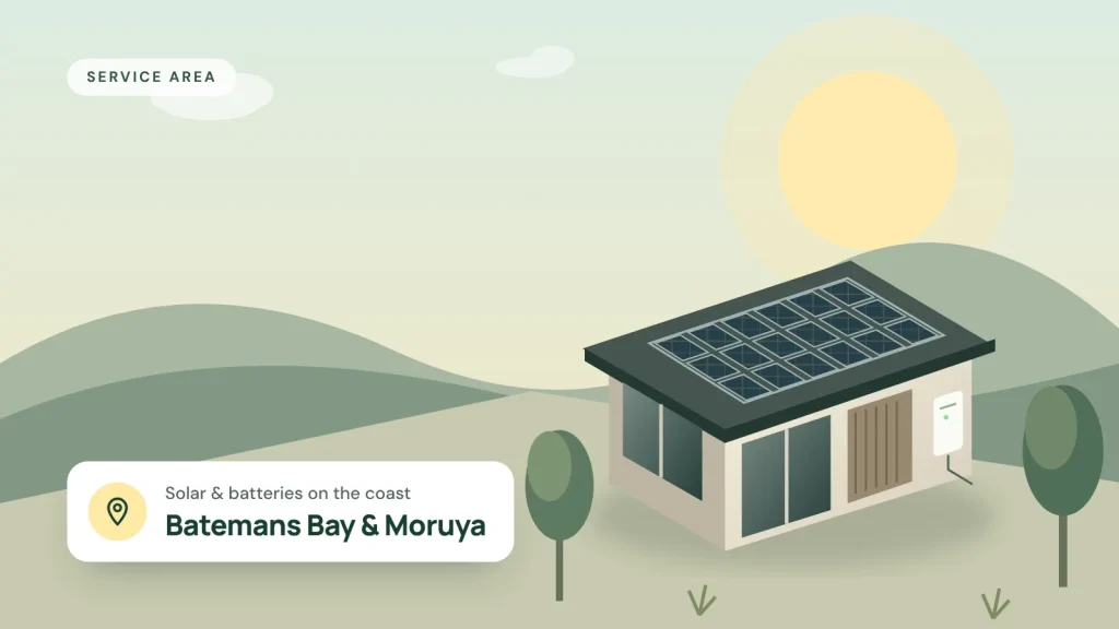 Illustration of a coastal home with rooftop solar panels and a wall battery, for Batemans Bay and Moruya