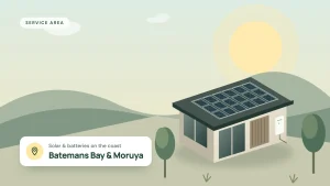 Illustration of a coastal home with rooftop solar panels and a wall battery, for Batemans Bay and Moruya