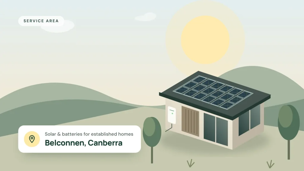 Illustration of a home with rooftop solar panels and a wall battery, for Belconnen
