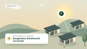 Illustration of three homes with rooftop solar connected to the grid, for Bungendore and Braidwood