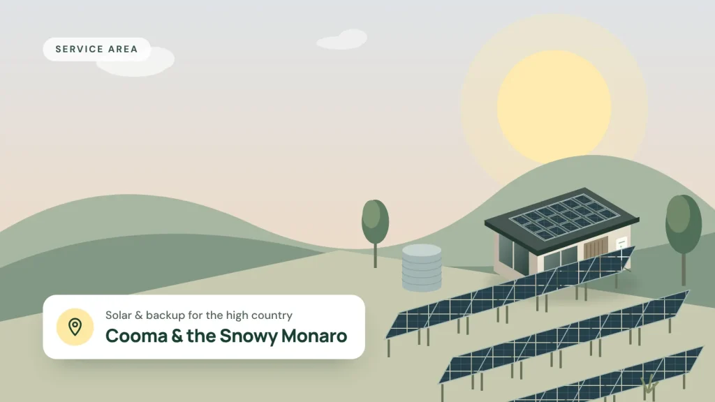 Illustration of a rural home with a ground-mounted solar array and a water tank at dusk, for Cooma, Jindabyne and the Snowy Monaro