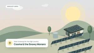 Illustration of a rural home with a ground-mounted solar array and a water tank at dusk, for Cooma and the Snowy Monaro