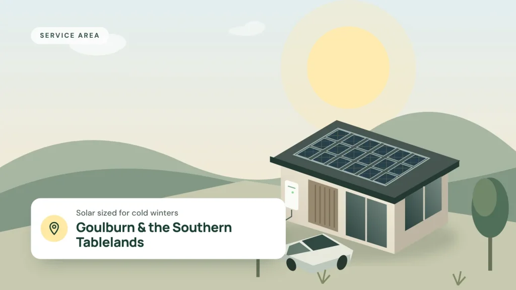 Illustration of a home with rooftop solar panels, a wall battery and an electric car, for Goulburn and the Southern Tablelands
