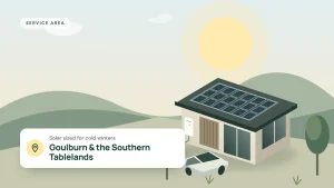 Illustration of a home with rooftop solar panels, a wall battery and an electric car, for Goulburn and the Southern Tablelands
