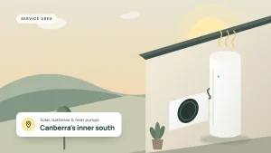 Illustration of a heat pump hot water system beside a home, for Canberra's inner south