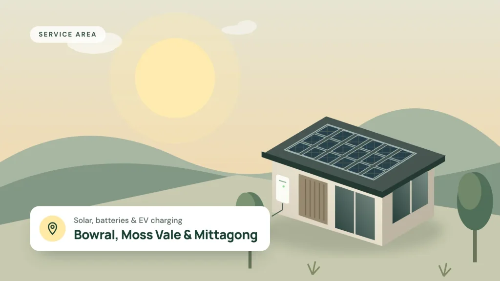 Illustration of a home with rooftop solar panels and a wall battery in warm light, for Bowral, Moss Vale and Mittagong