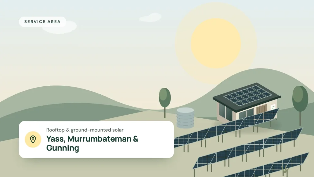 Illustration of a rural home with a ground-mounted solar array and a water tank, for Yass and Murrumbateman