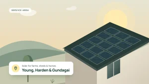 Illustration of a large roof covered in solar panels in warm afternoon light, for Young, Harden and Gundagai